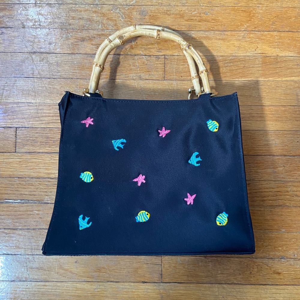 Embroidered Fish Purse with Bamboo Handles